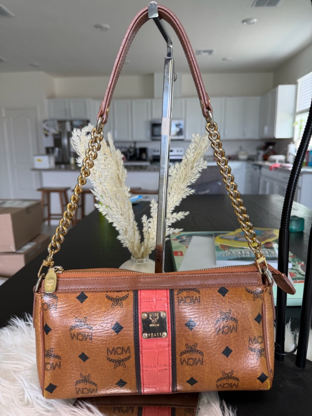 MCM Cognac Visetos Leather Shoulder Bag with Red orange stripe